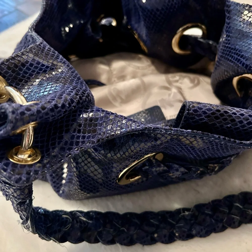 Michael Kors Blue /Black Monochrome Python-Embossed Leather Tassel Hobo - Picture 7 of 9